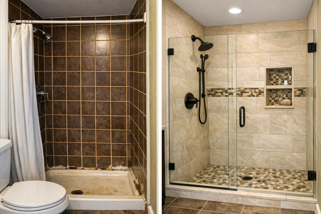custom tile shower installation cedar creek lake tx before after