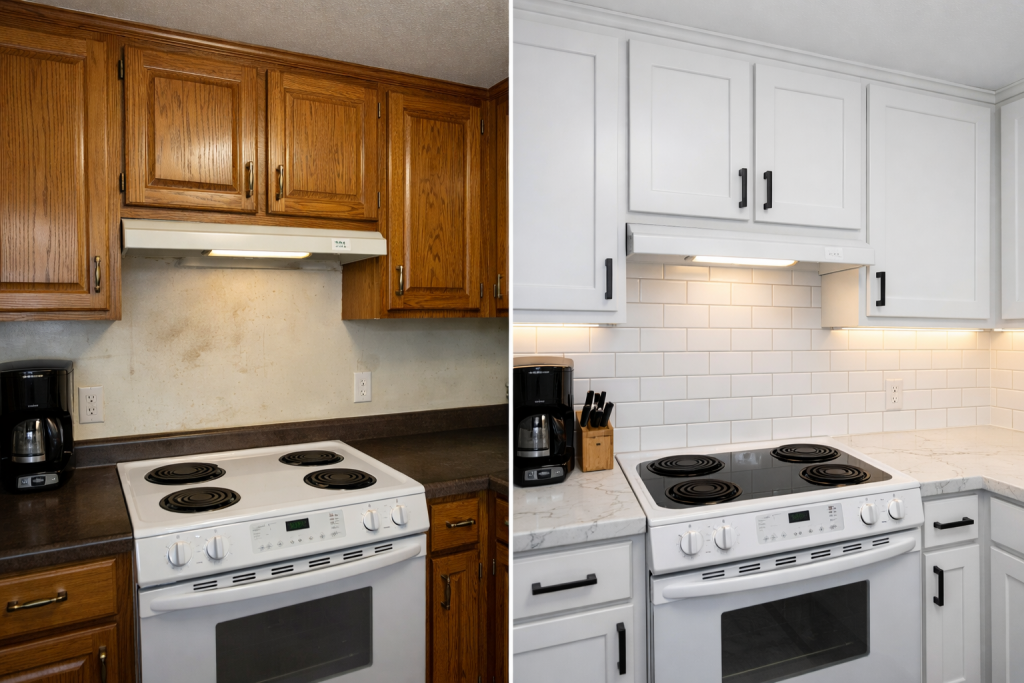 Specialty Tile Services kitchen backsplash installation cedar creek lake tx before after