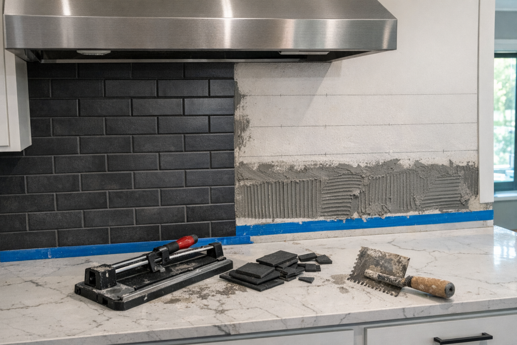 Specialty Tile Services kitchen backsplash installation cedar creek lake tx in progress