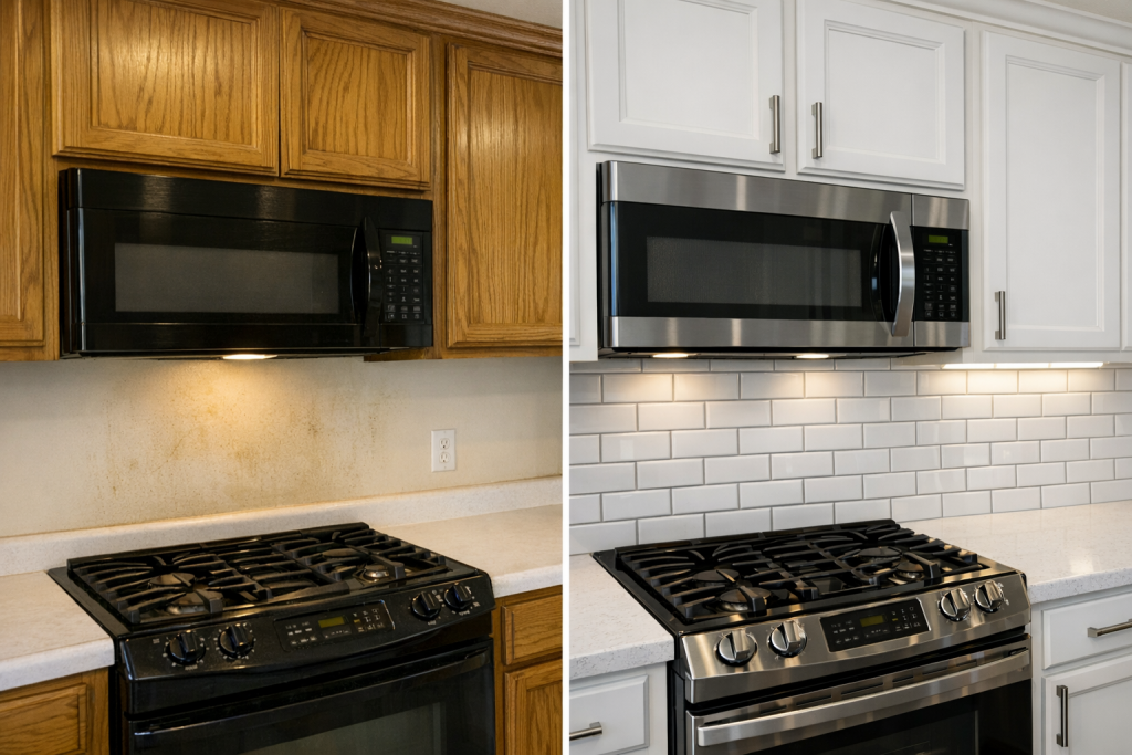 Specialty Tile Services kitchen backsplash installation corsicana tx before after
