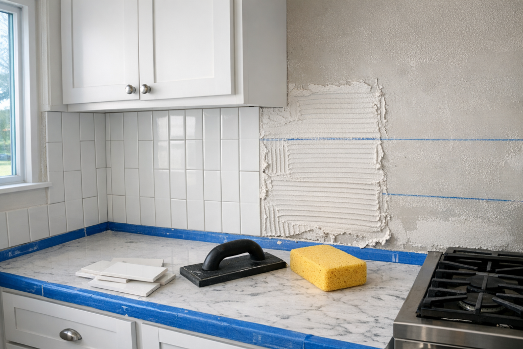 Specialty Tile Services kitchen backsplash installation ennis tx in progress