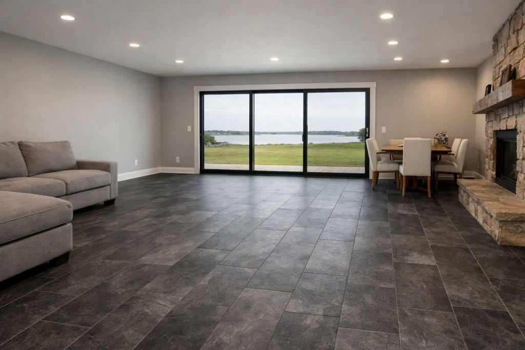 Completed SPC flooring installation in a Texas lake home living area with dark, durable flooring, large windows, and a realistic waterfront setting